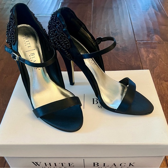 White House Black Market Black Satin Floral Beaded High Heels Open Toe Design 7M - Picture 5 of 17